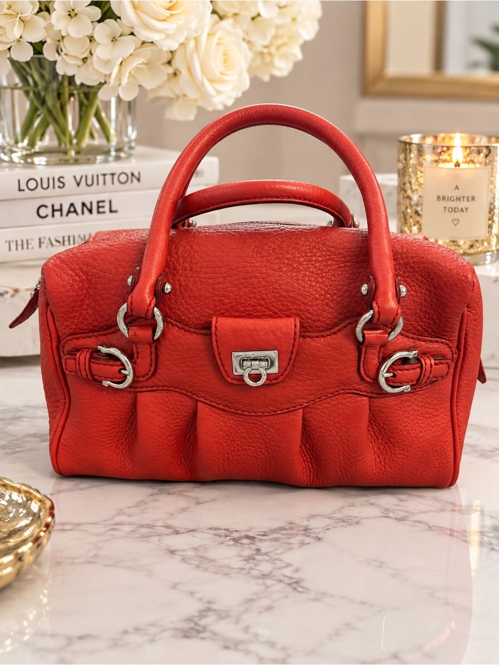 Salvatore Ferragamo Mini Red Pebble Leather Satchel Crossbody